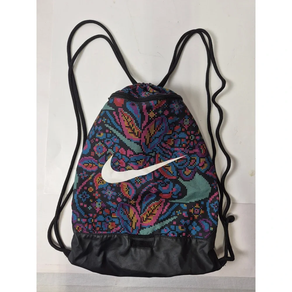 Nike Drawstring Cinch Bag Multi-Color Paisley Floral Print Gym Sackpack Black